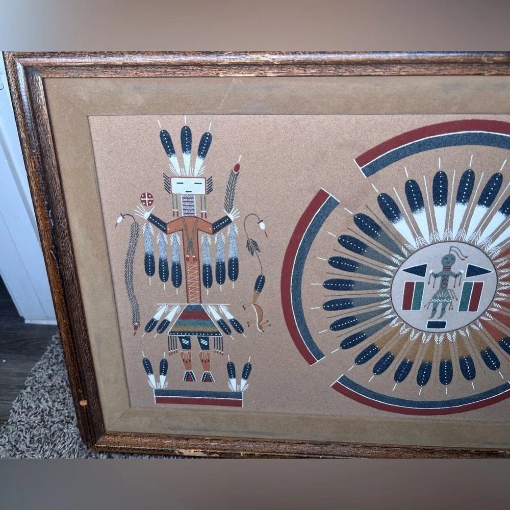 Vintage Indian Native American Navajo Sand Art Painting Signed Wood Framed 17x29